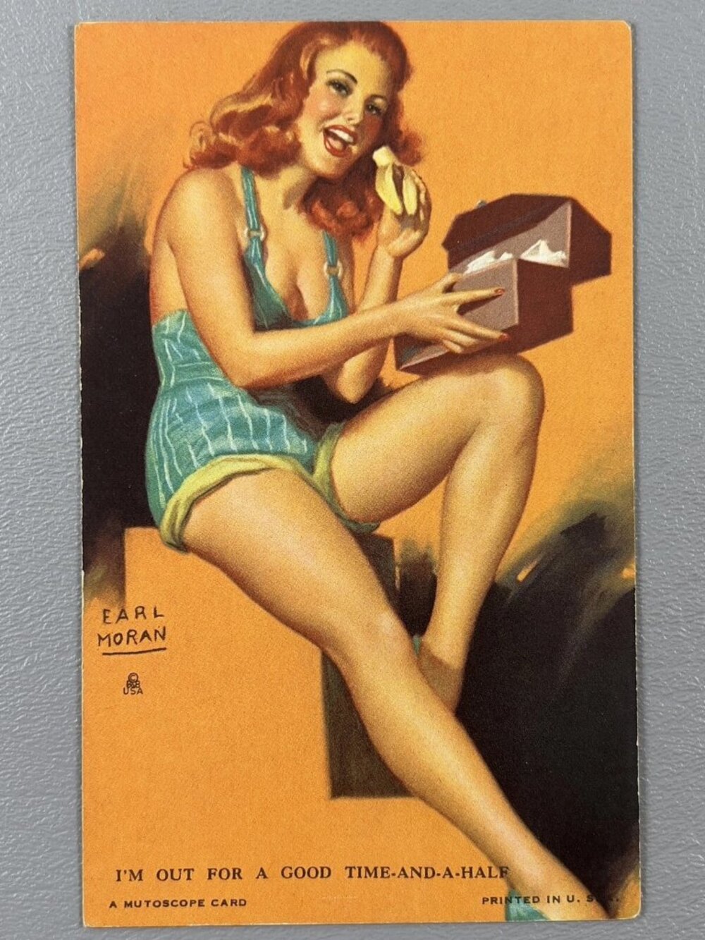 Vintage Earl Moran Mutoscope Pin Up Card Red Head Swimsuit Good Time And A Half